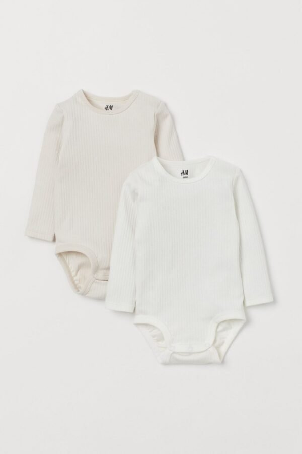 H&M Ribbed cotton bodysuit white beige 2pc
